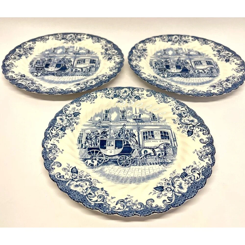 Johnson Brothers Blue & White Coaching Scenes Coach Office Set (3) Lunch Plates